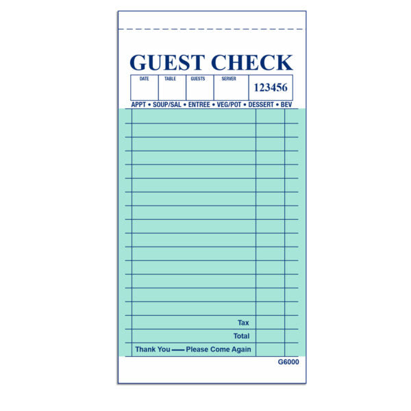 3.5" x 6.75" 2 Part Green Single Copy Carbon Guest Checks - CT-G-6000